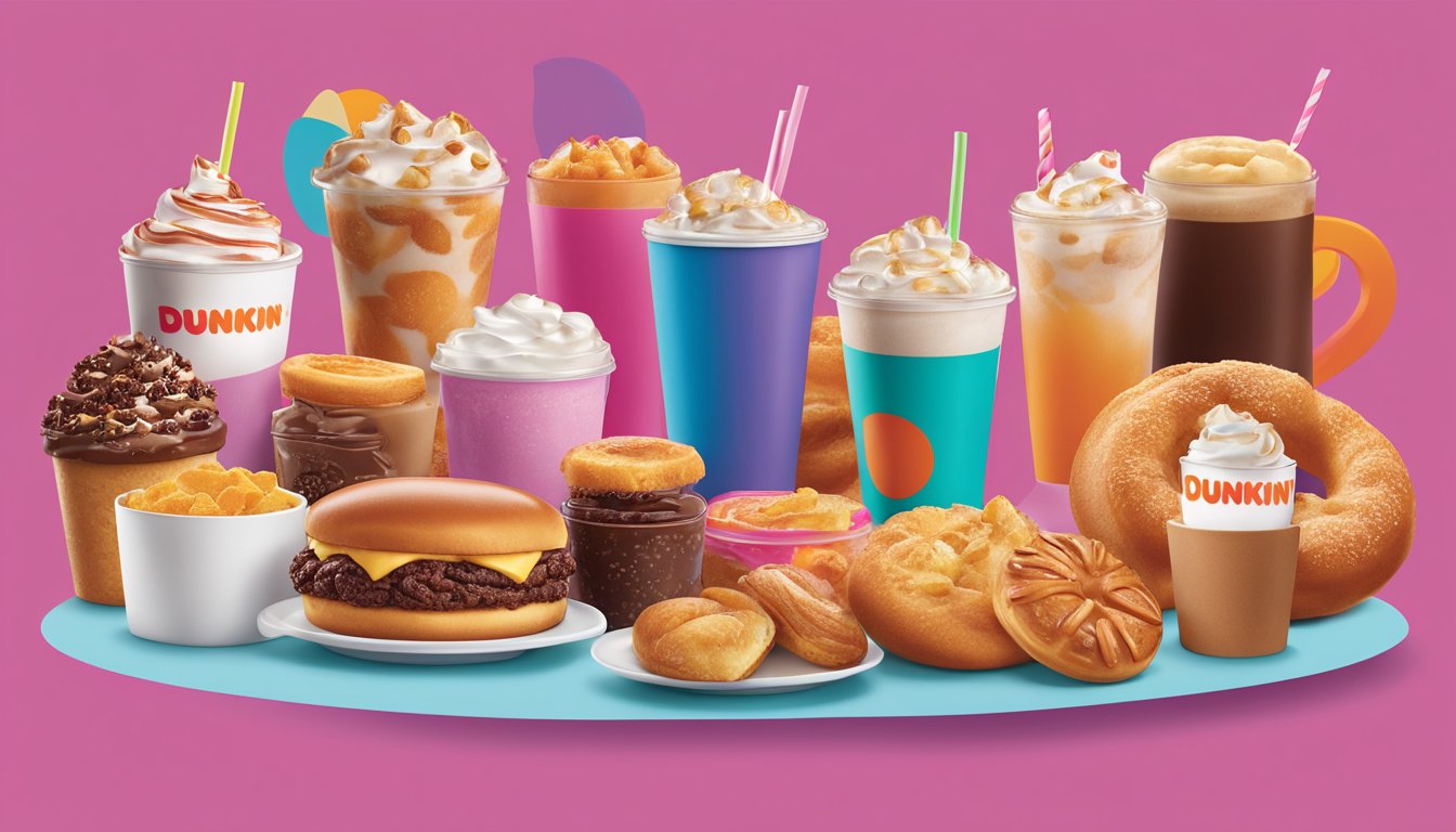 A colorful display of Dunkin's seasonal and regional menu items, featuring a variety of drinks, pastries, and snacks arranged on a table