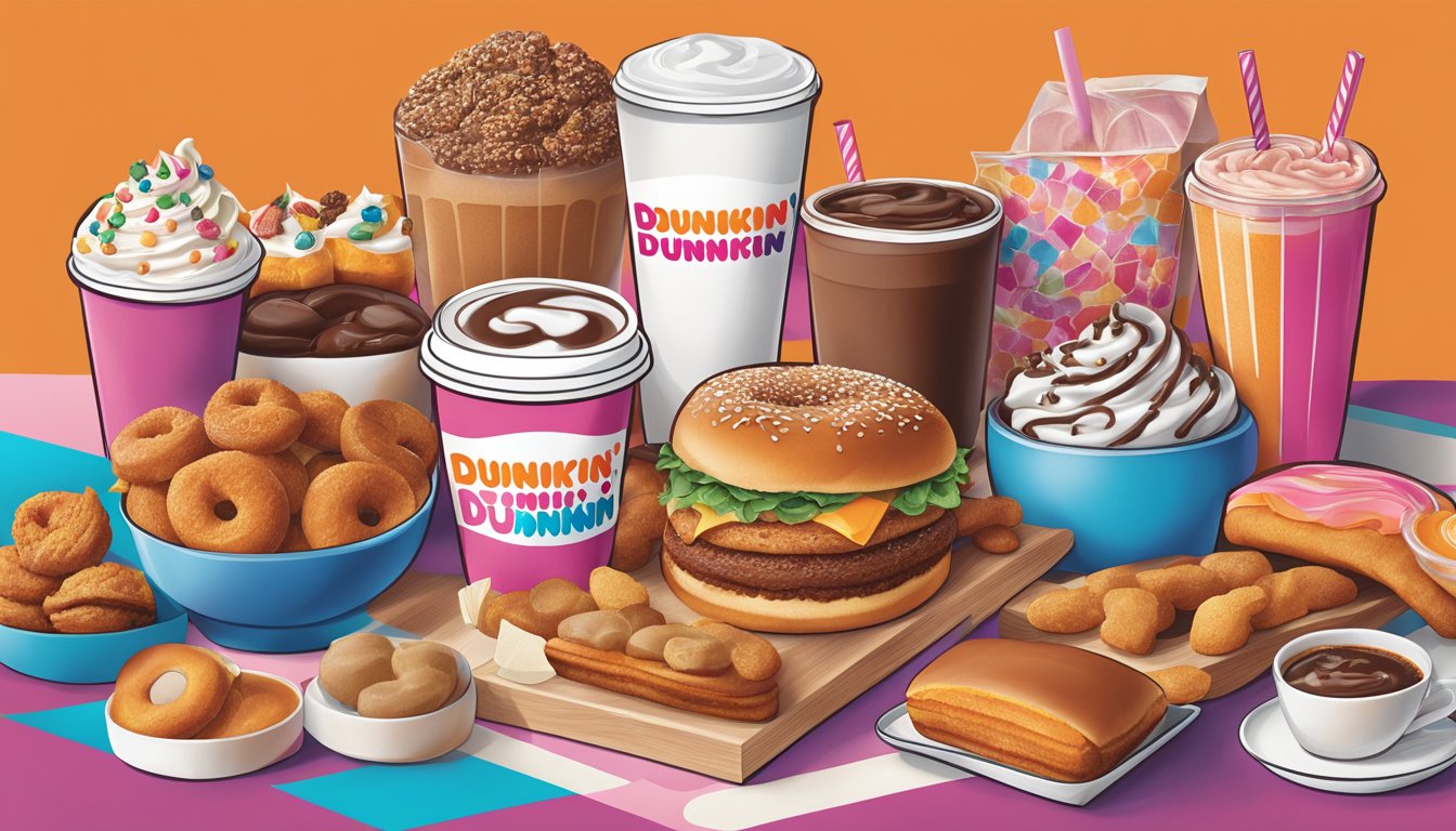 A colorful display of Dunkin' retail and at-home products, surrounded by various regional menu items from different parts of the US