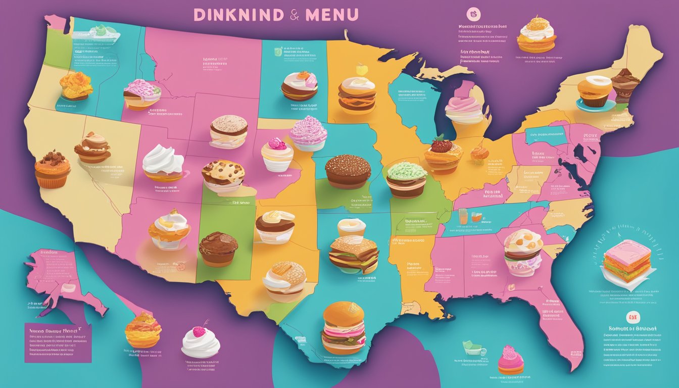 A colorful map of the United States with various Dunkin' regional menu items and their corresponding nutritional information displayed