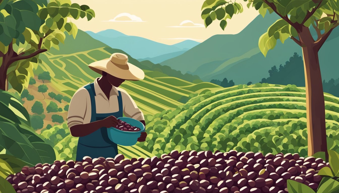 A coffee bean farmer harvesting ripe coffee cherries in a lush, mountainous landscape. Nearby, workers are processing the beans in a sustainable facility