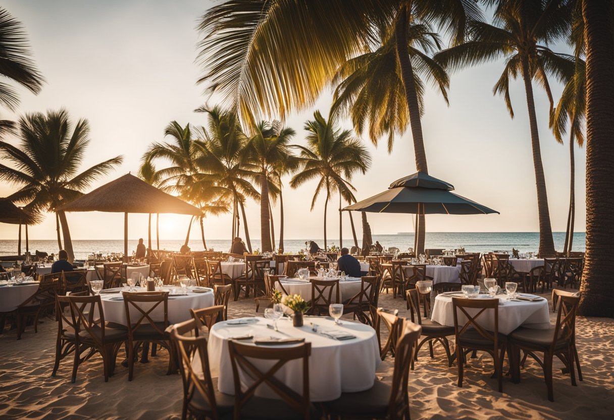 Discover the best beaches in dubai: a guide to sun, sand, and surf 3 A beachside restaurant with tables and chairs set up on the sand, surrounded by palm trees and overlooking the ocean. Nearby, a stage is being set up for evening entertainment