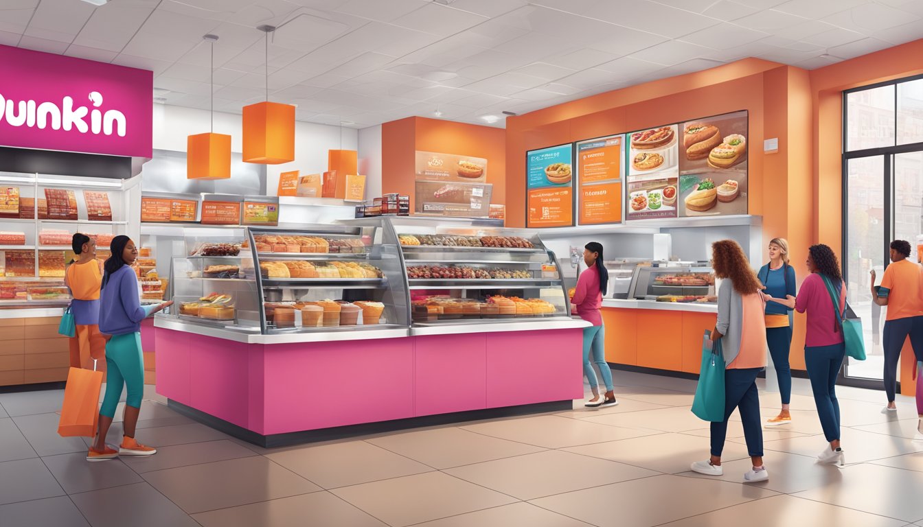 A bustling Dunkin' store with diverse regional menu items and modern customer experience innovations