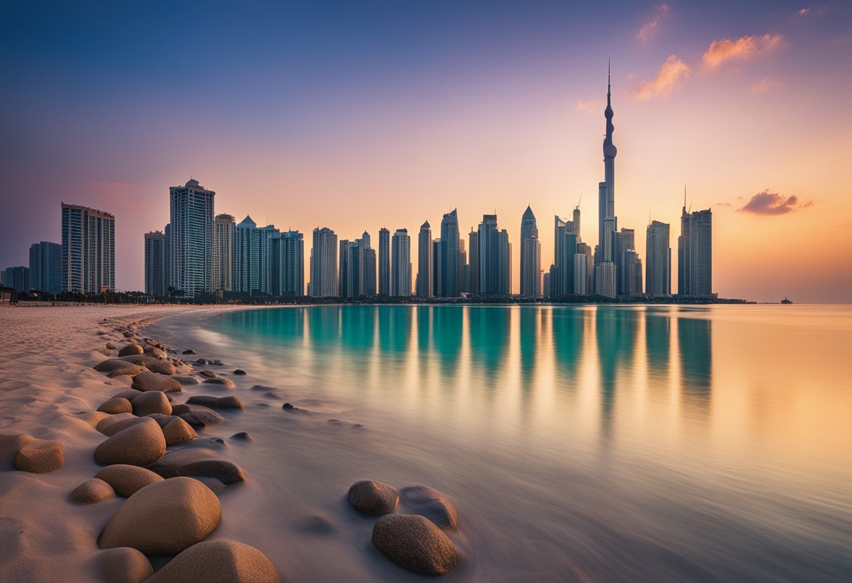 Discover the best beaches in dubai: a guide to sun, sand, and surf 4 Sunset over pristine beaches with clear turquoise waters, framed by towering skyscrapers and traditional arabian architecture. Cultural symbols subtly integrated into beachfront amenities