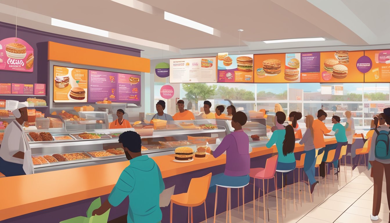 A bustling Dunkin' store with diverse regional menu items on display, surrounded by engaged community members participating in marketing events