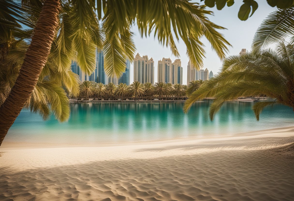 Discover the best beaches in dubai: a guide to sun, sand, and surf 5 A serene beach in dubai with clear blue waters, golden sand, and lush greenery, showcasing conservation efforts and sustainability
