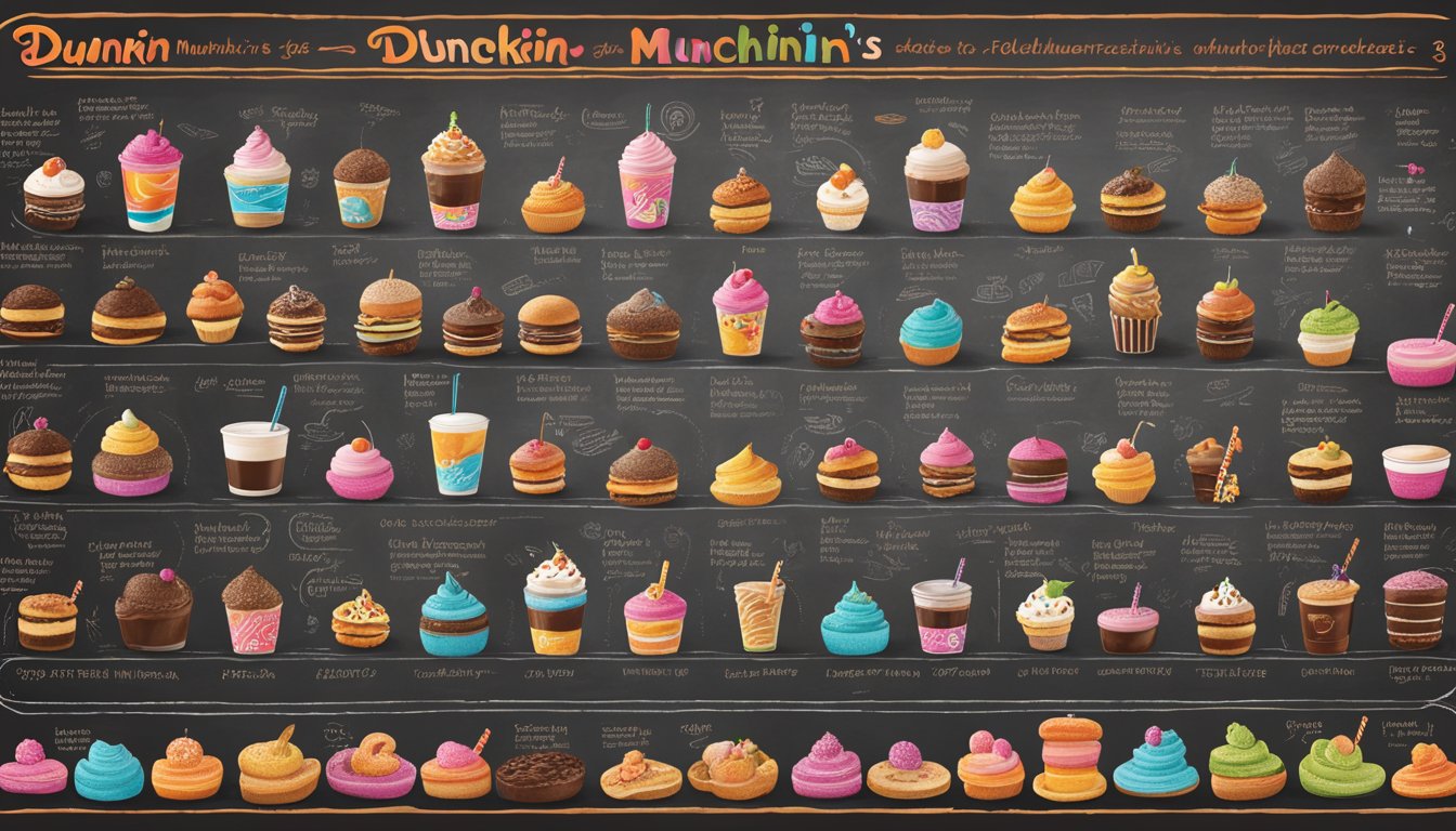 A colorful timeline of Dunkin's Munchkins, from their creation to modern variations, displayed on a vintage chalkboard with accompanying illustrations and graphics