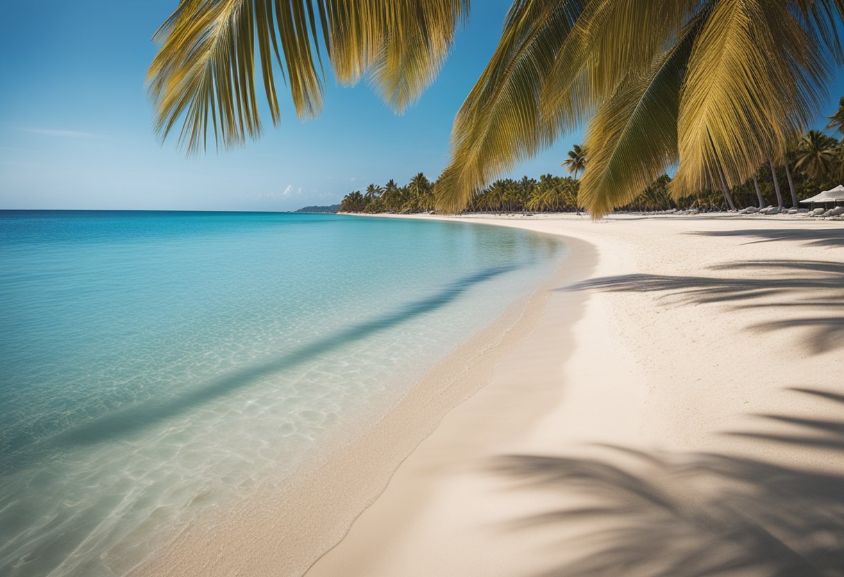 Discover the best beaches in dubai: a guide to sun, sand, and surf 6 A serene beach with crystal clear blue water, golden sand, and palm trees lining the shore under a clear blue sky