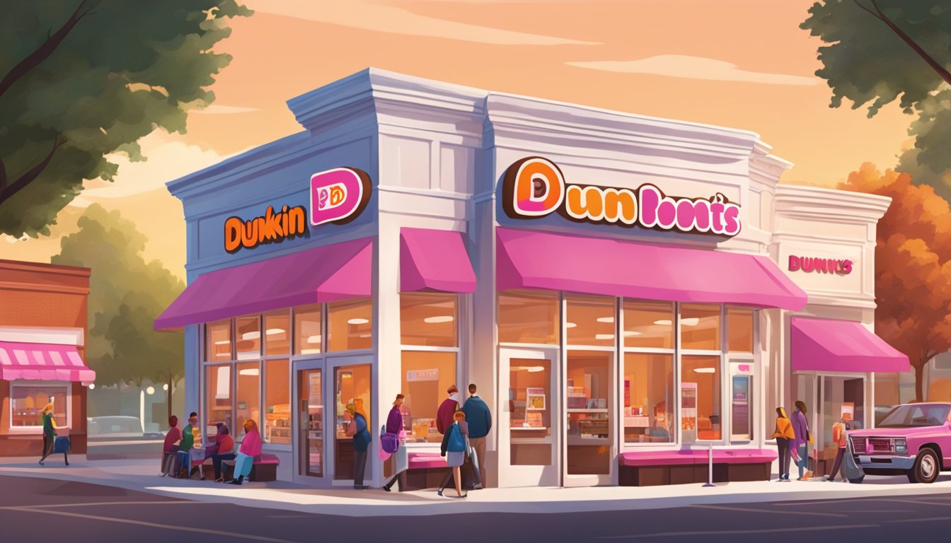 A bustling Dunkin' Donuts store in a New England town, with a line of customers, iconic pink and orange branding, and a warm, inviting atmosphere