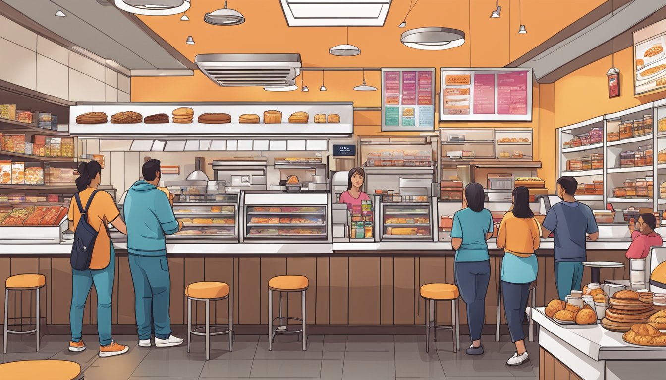 A bustling Dunkin' store with a variety of breakfast items displayed, customers ordering at the counter, and staff preparing all-day breakfast options