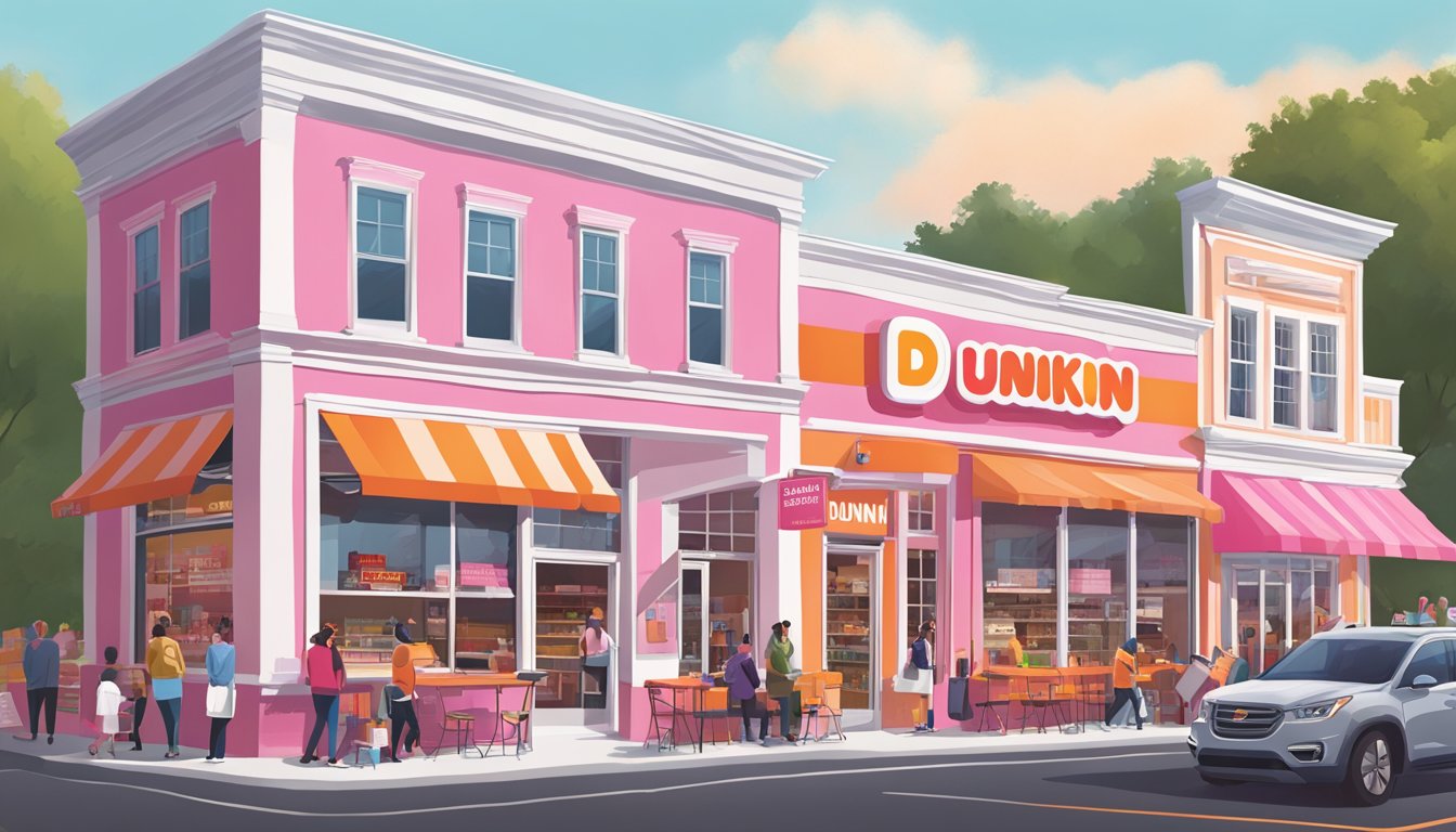 A bustling Dunkin' store in a quaint New England town, with a line of diverse customers and iconic pink and orange branding