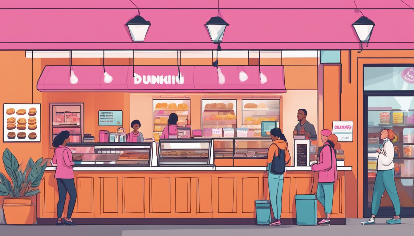 A bustling Dunkin' location in New England, with a line of diverse customers eagerly ordering coffee and pastries. The iconic pink and orange branding is prominently displayed, creating a sense of familiarity and community