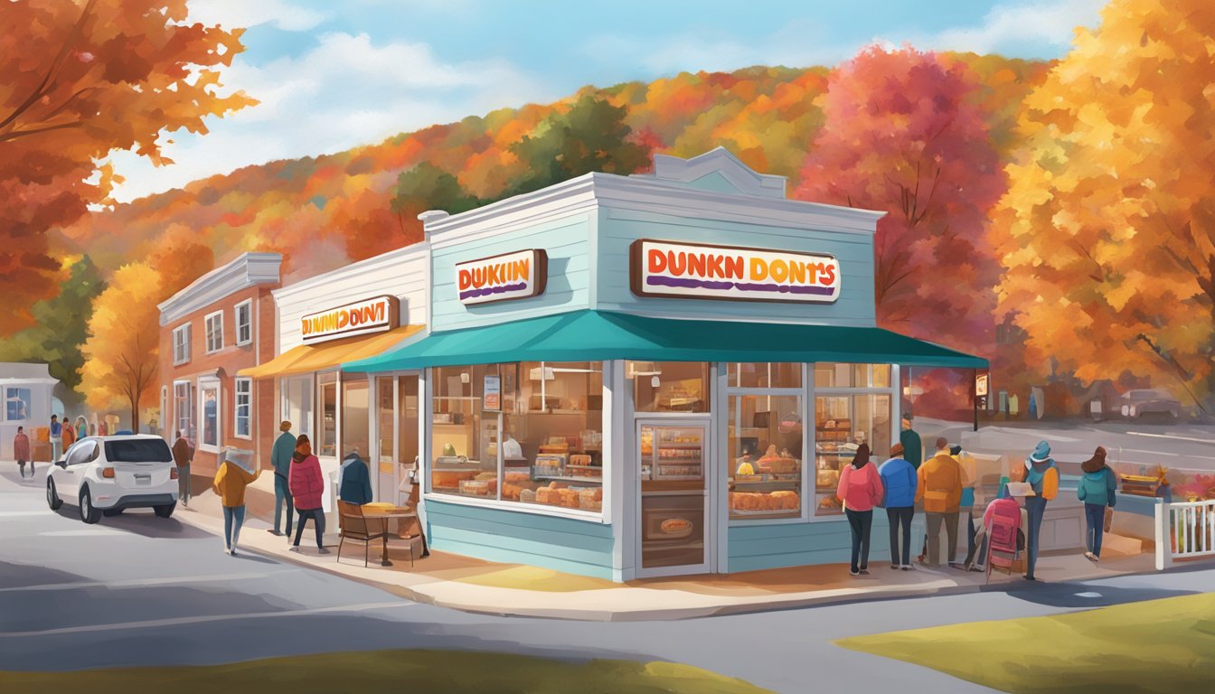 A bustling Dunkin' Donuts shop in a quaint New England town, surrounded by colorful fall foliage and locals chatting over coffee