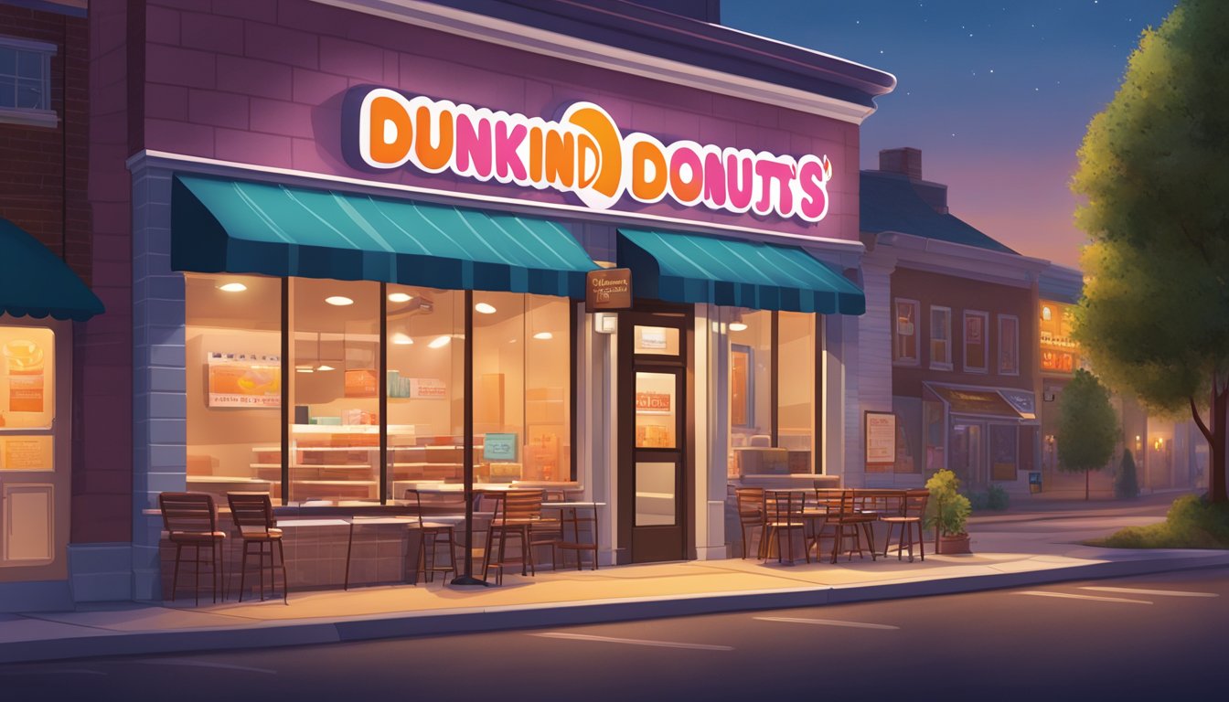 A cozy Dunkin' Donuts store at night, with warm light spilling out onto the sidewalk. A clock on the wall shows it's late. The sign advertises "Breakfast for Dinner" options