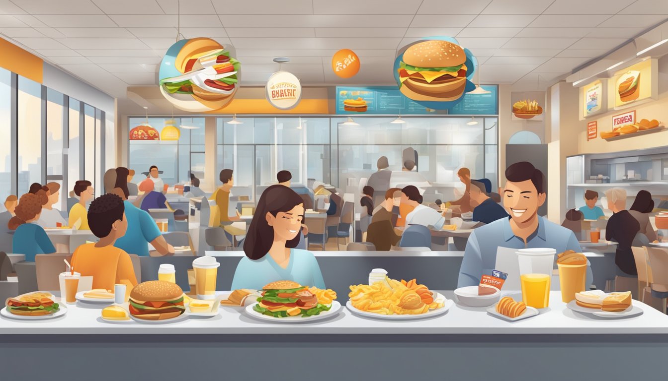 A bustling fast food restaurant with a prominent "All-Day Breakfast" sign, customers enjoying a variety of breakfast items at different times of the day