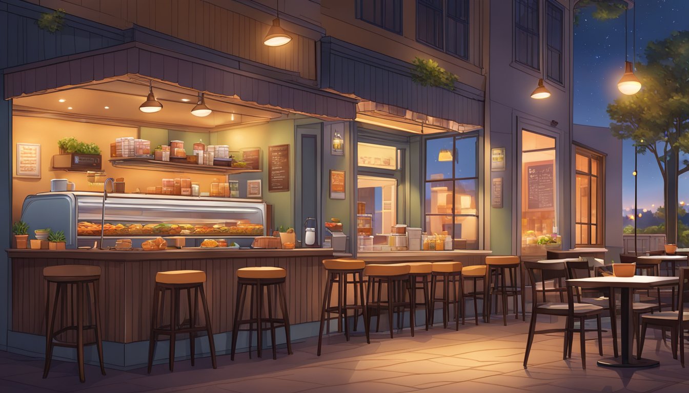 A cozy cafe at night, with a variety of healthy and inclusive breakfast options on display, inviting customers to enjoy breakfast for dinner at Dunkin'