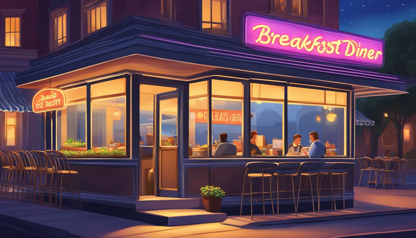 A cozy diner with a neon sign advertising "Breakfast for Dinner" and a warm glow emanating from the windows, inviting late-night customers