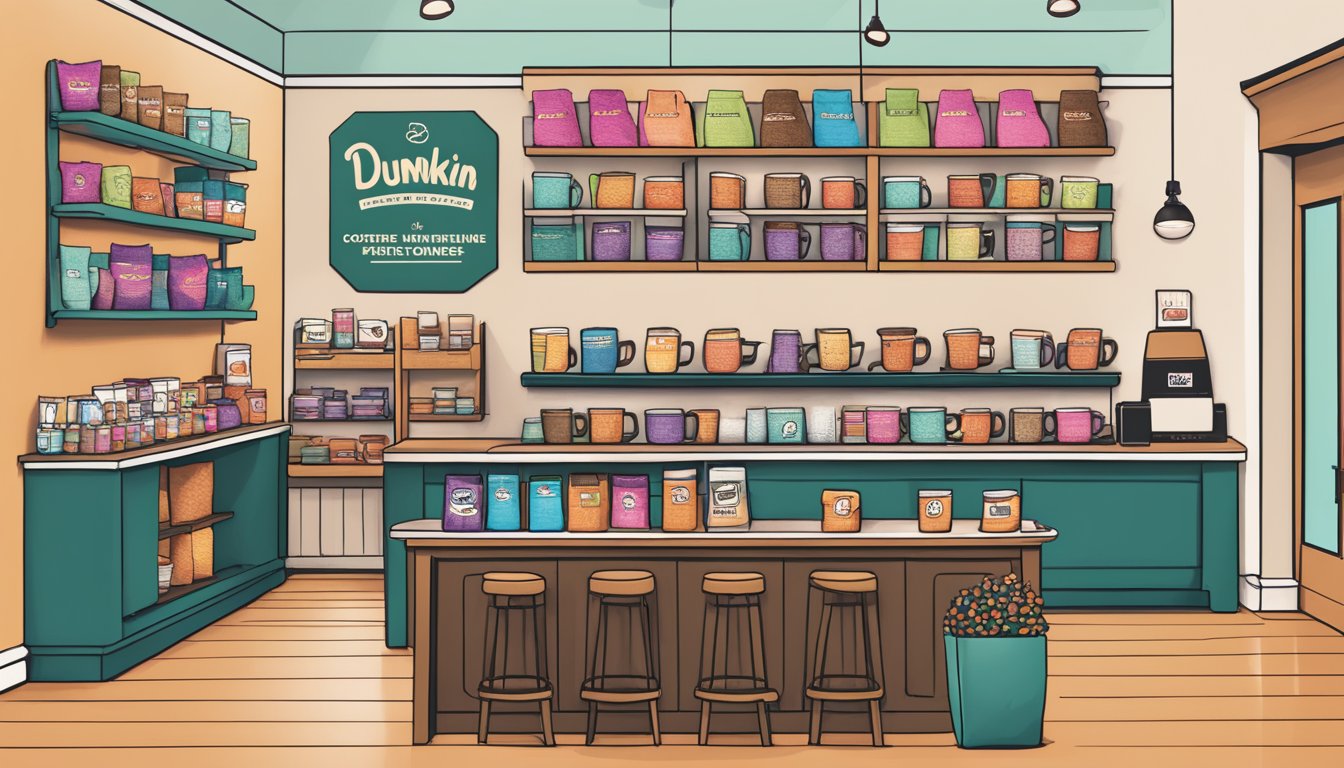 A cozy coffee shop with a changing seasonal display of mugs, t-shirts, and other merchandise. The counter is lined with colorful bags of Dunkin's limited-time coffee blends