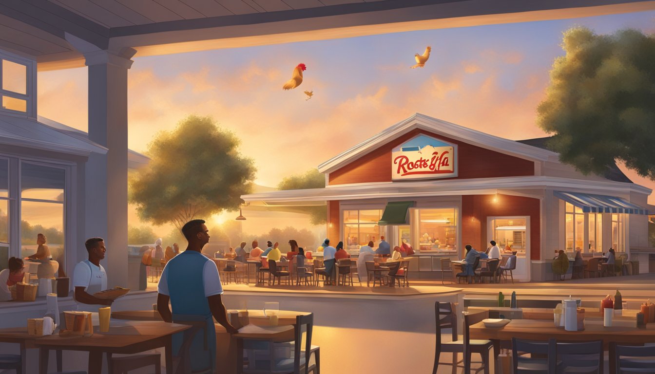 A rooster crowing at sunrise over a Chick-fil-A restaurant, with a warm glow emanating from the kitchen as breakfast items are being prepared