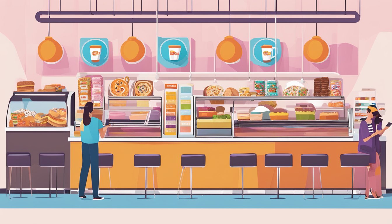 A colorful and inviting breakfast spread with Dunkin's logo prominently displayed. Customers happily engaging with the loyalty program, while strategic partners' logos are subtly integrated into the scene