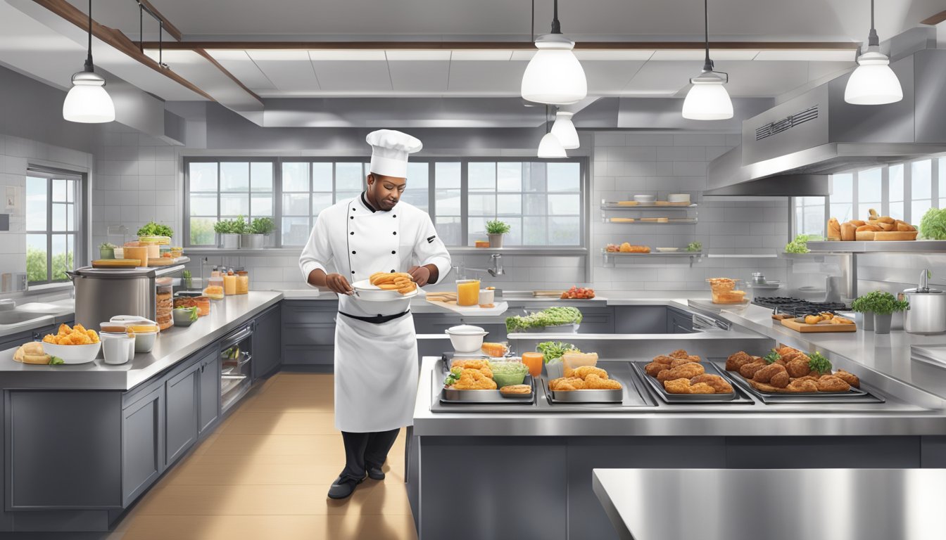 A chef creates new breakfast items in a modern kitchen with fresh ingredients and innovative cooking techniques for Chick-fil-A's menu