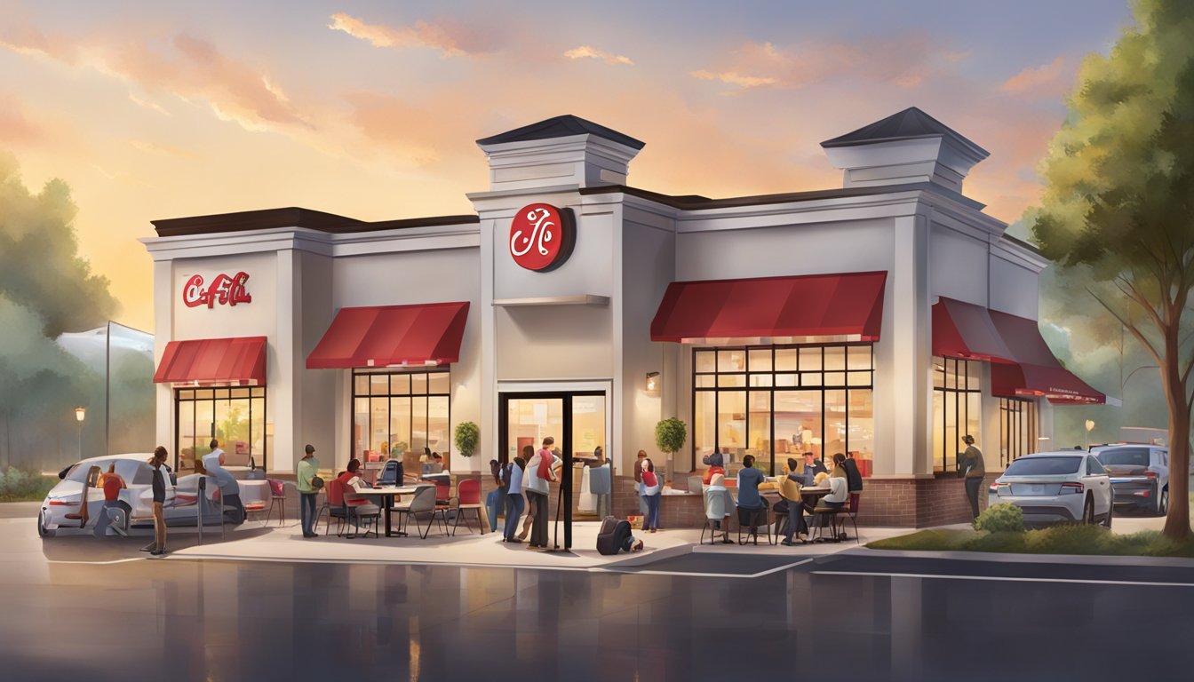 A bustling Chick-fil-A restaurant at sunrise, with customers enjoying breakfast items and staff working together to serve the community