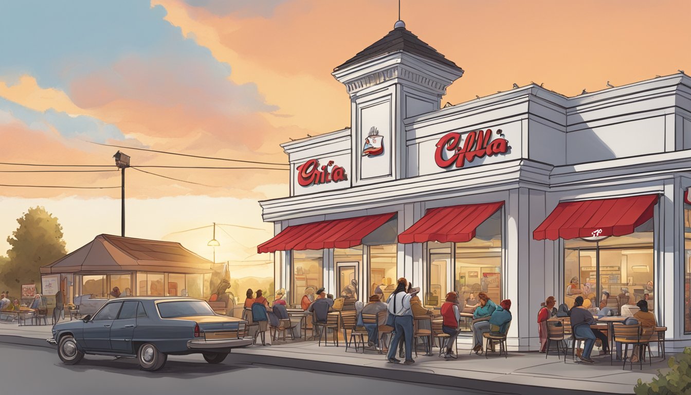 A rooster crowing at dawn over a Chick-fil-A store, with a breakfast menu displayed and a line of customers waiting to order