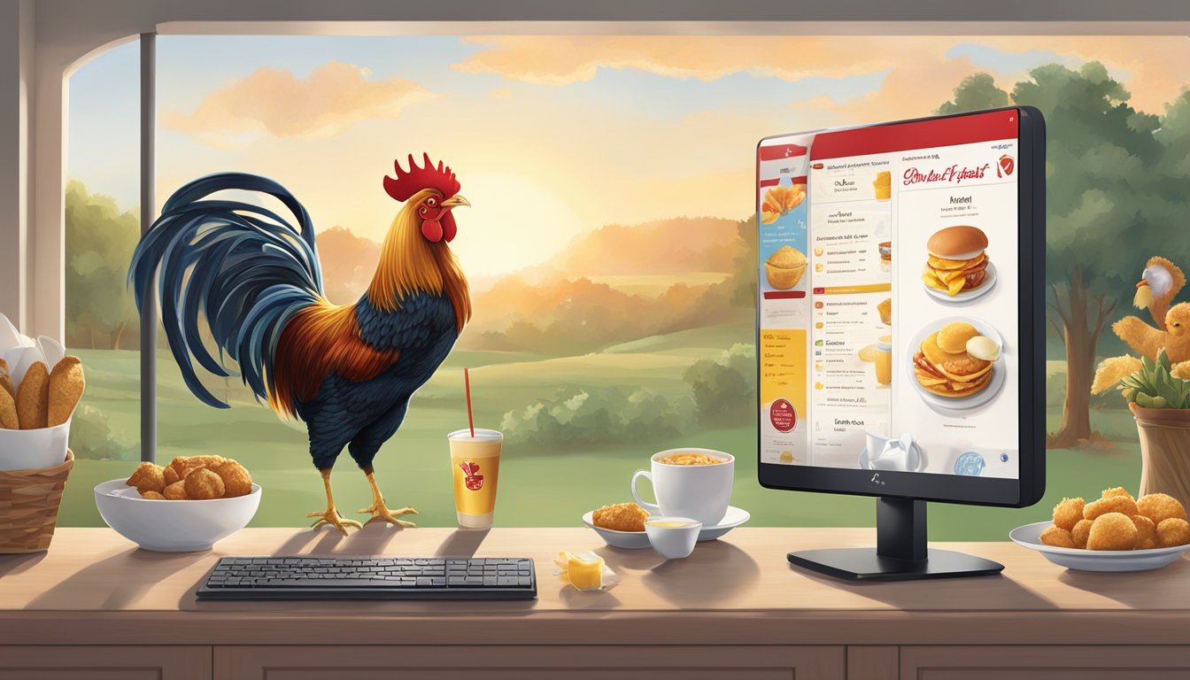 A rooster crowing at dawn over a digital screen displaying Chick-fil-A's breakfast menu items