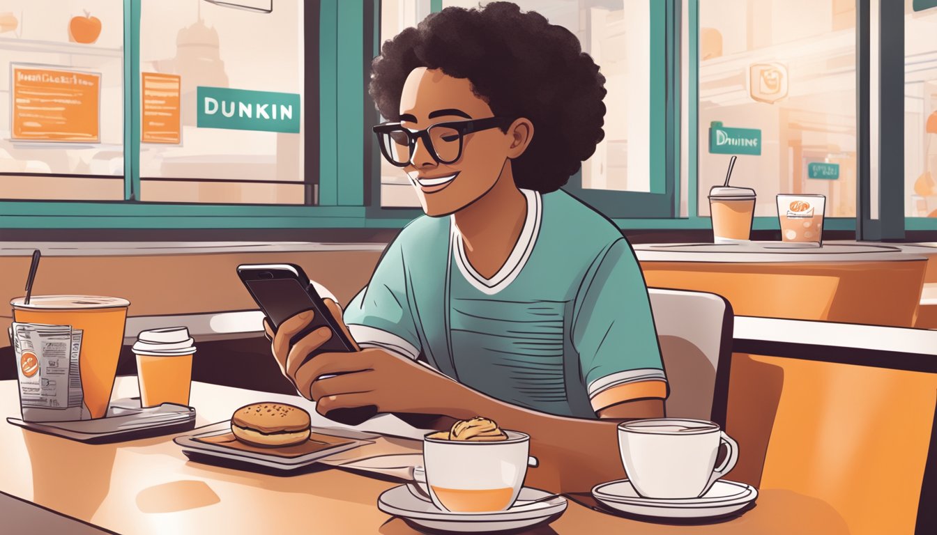 A person using a mobile app to order breakfast items from Dunkin' while sitting at a table with a coffee and pastry