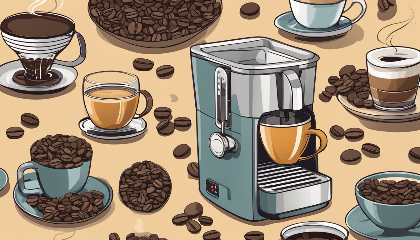 A modern Dunkin' coffee machine brewing a fresh cup of coffee, surrounded by various coffee beans and equipment