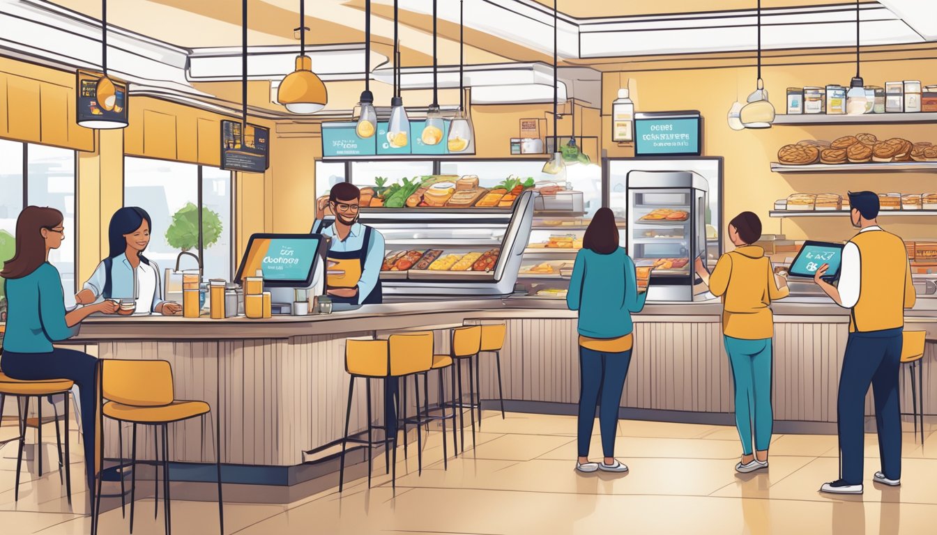 Customers using mobile app to order breakfast, while staff uses tablets to manage orders and engage with guests. Digital screens display loyalty rewards and community events