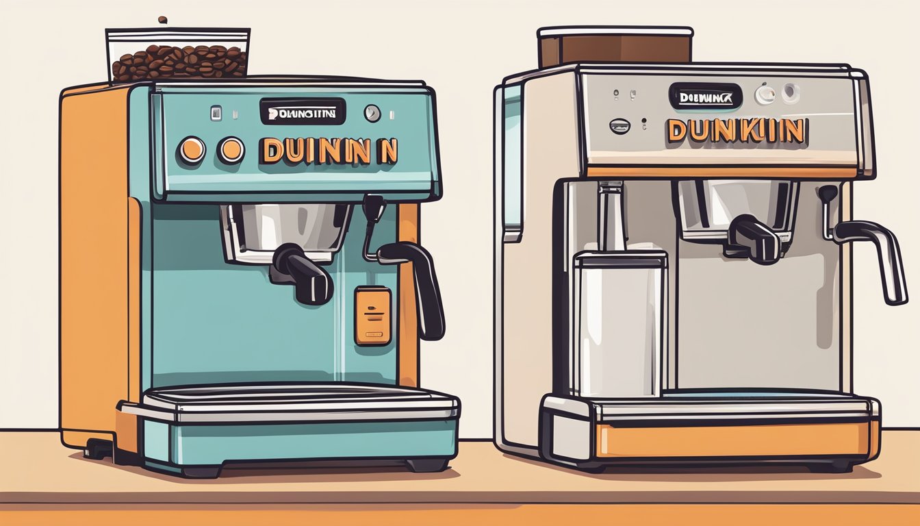 A modern Dunkin' coffee machine stands next to an old-fashioned one, showcasing the brand's evolution in a bright, inviting café setting