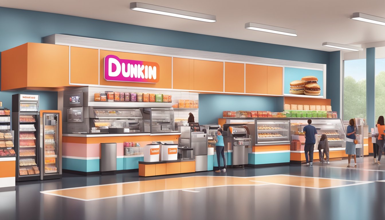 A bustling Dunkin' store with digital kiosks, mobile order pickup shelves, and automated coffee machines enhancing the breakfast experience