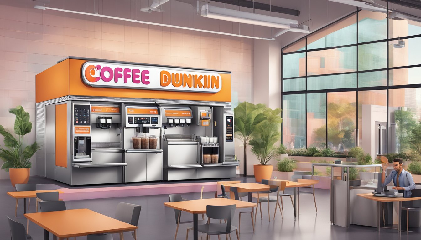 A modern, energy-efficient coffee machine replaces an older model, showcasing Dunkin's commitment to sustainability and corporate responsibility