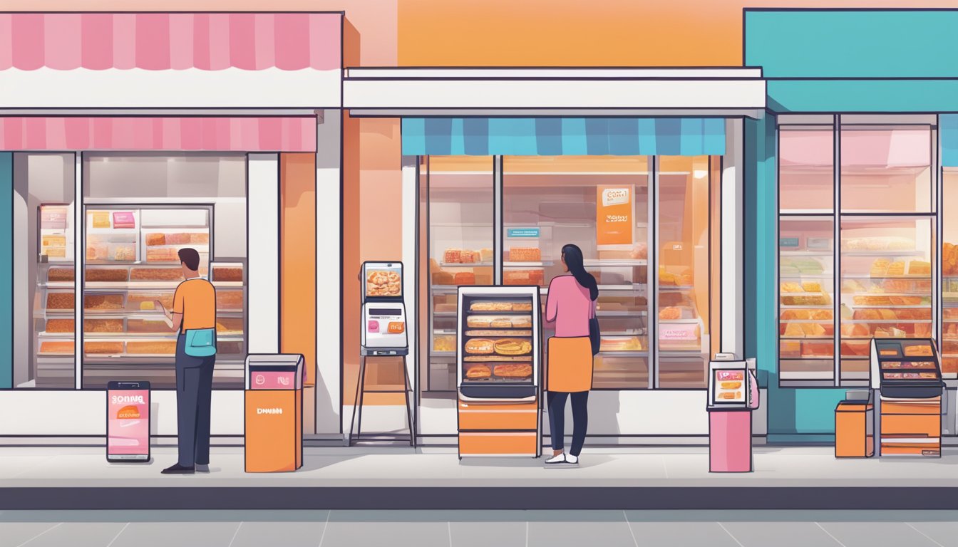 The scene shows a modern Dunkin' breakfast experience with technology integration, including digital ordering, contactless payment, and mobile app rewards