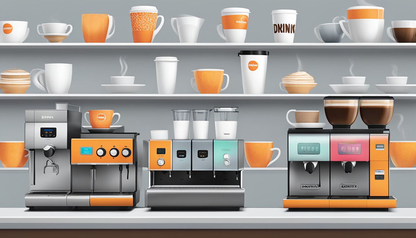 A row of sleek, modern coffee machines line the counter, each adorned with the Dunkin' logo. Steam rises from freshly brewed pots, filling the air with the rich aroma of coffee