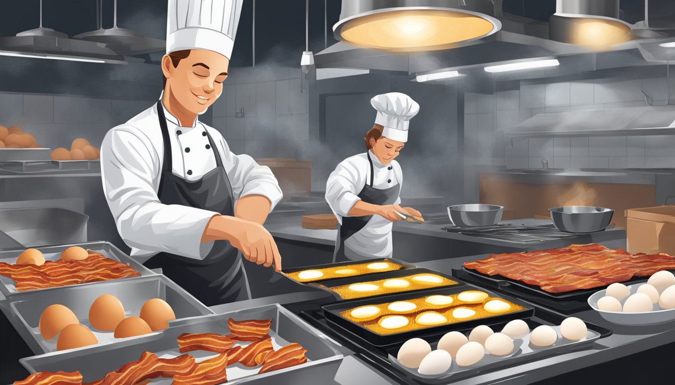 A chef selects fresh eggs and inspects them for quality before cracking them into a sizzling pan. Nearby, a team member carefully arranges crispy strips of bacon onto a griddle