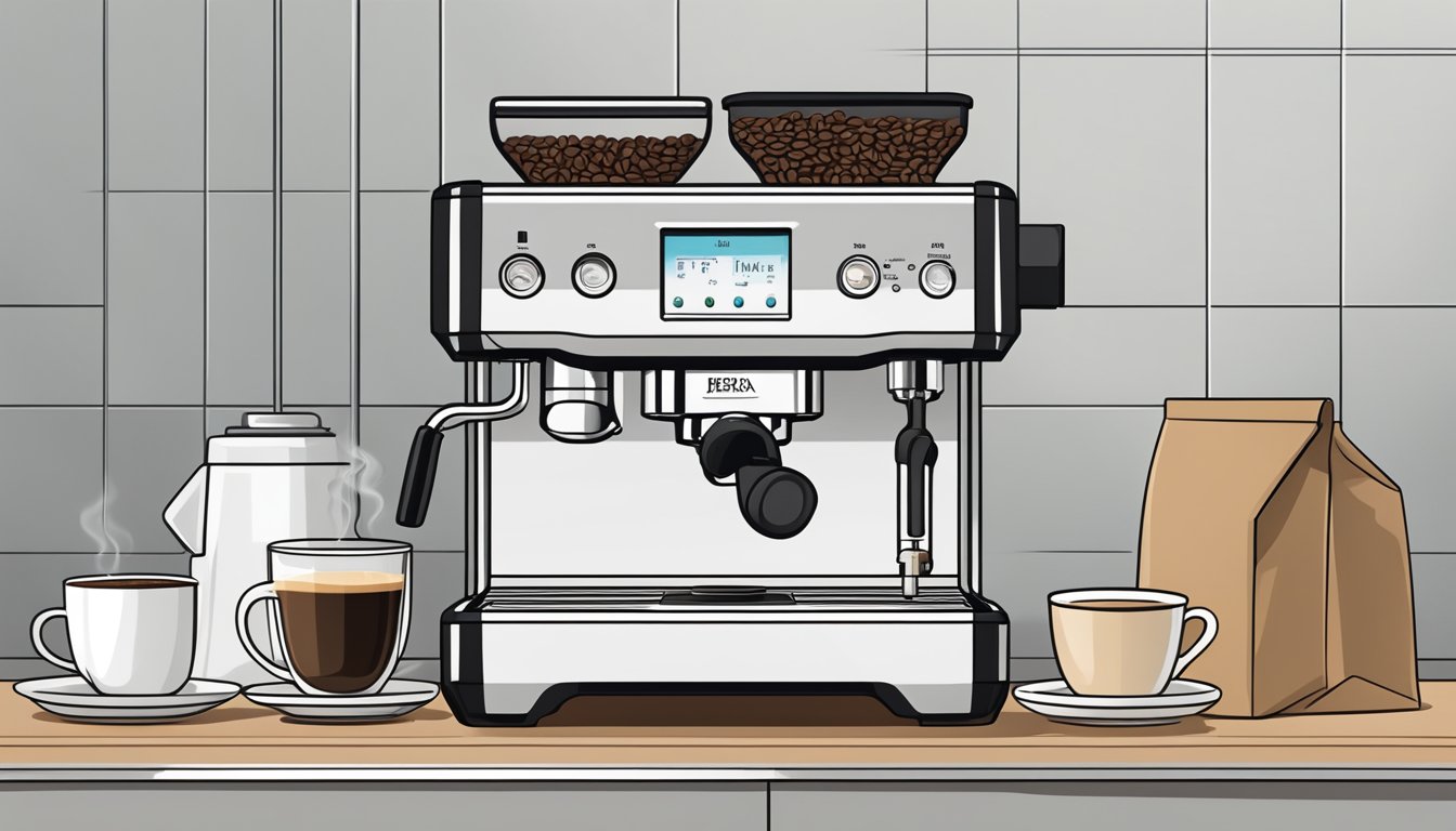 A sleek, modern coffee machine sits on a clean, minimalist countertop, surrounded by bags of freshly roasted coffee beans and steaming cups of espresso