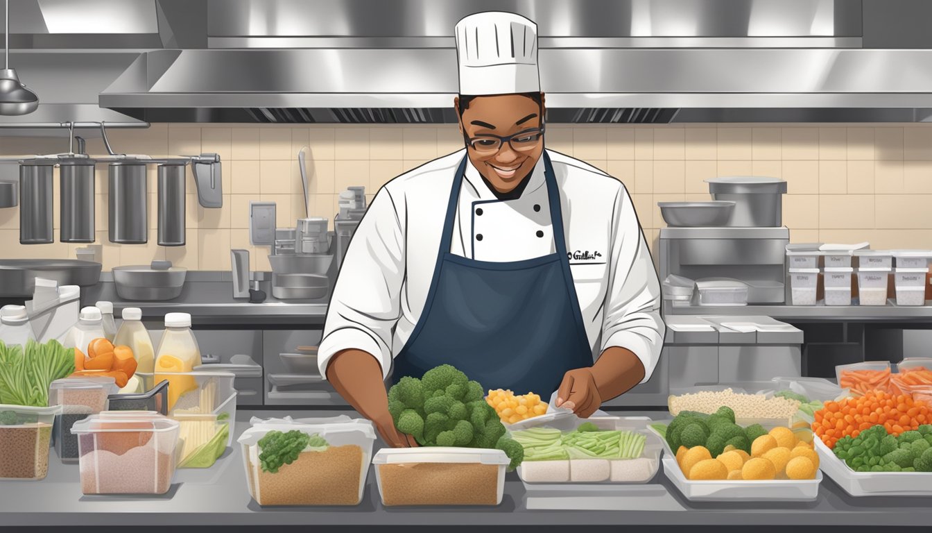 A chef arranges fresh ingredients on a clean, organized kitchen counter with proper equipment and labeled containers at a Chick-fil-A restaurant