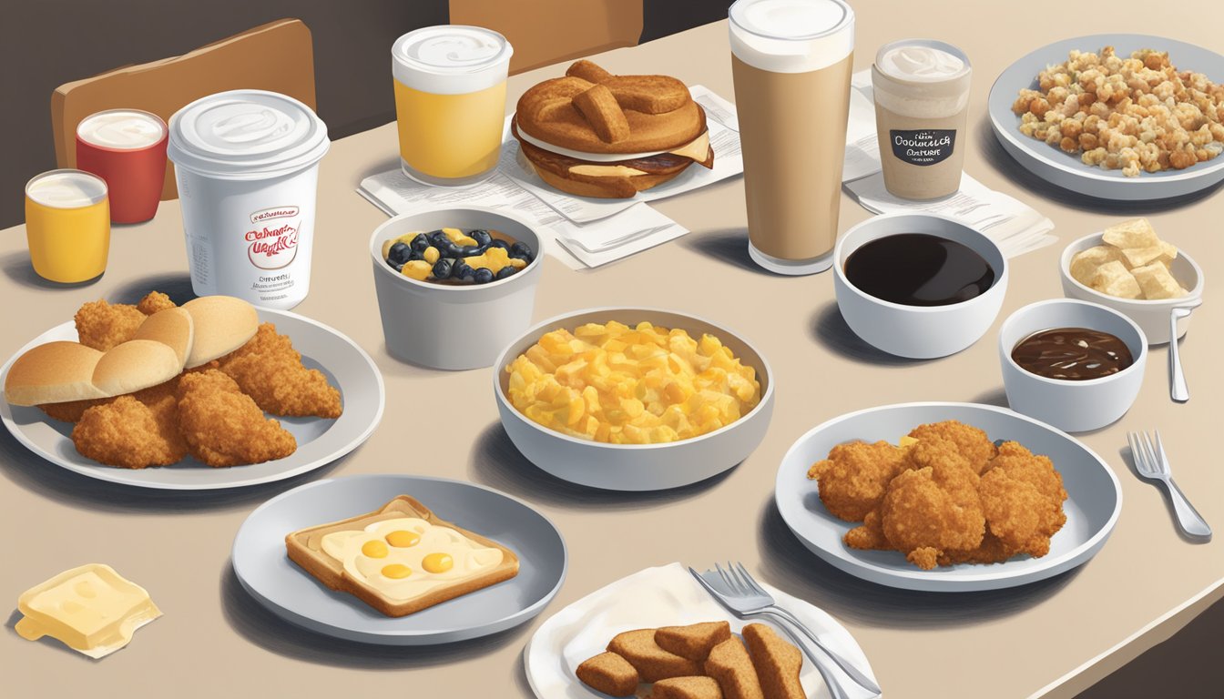 A table with a spread of Chick-fil-A breakfast items next to similar items from competitors, with nutritional information displayed