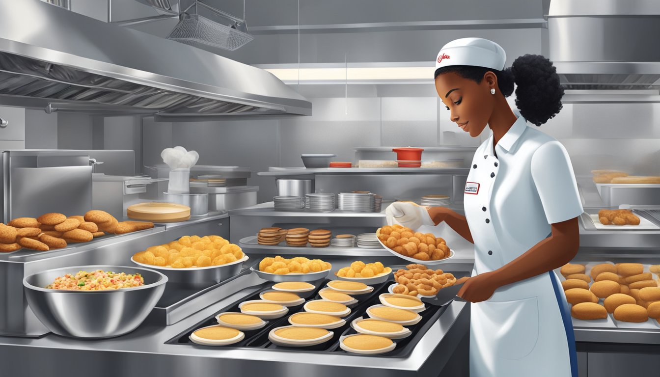 A Chick-fil-A employee prepares breakfast items in a bustling kitchen, surrounded by sizzling grills, trays of biscuits, and containers of fresh ingredients