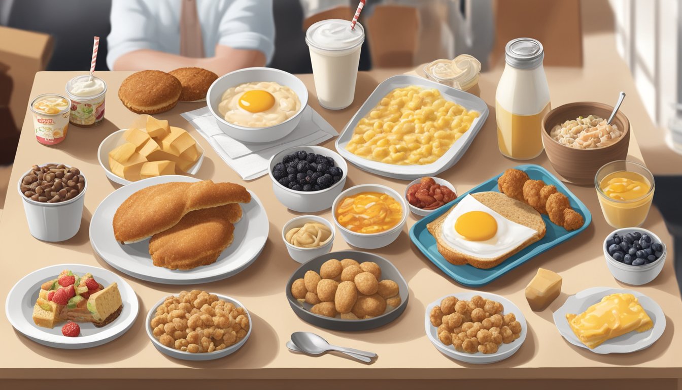 A table with various breakfast items from Chick-fil-A and its competitors, surrounded by nutritional labels and comparison charts