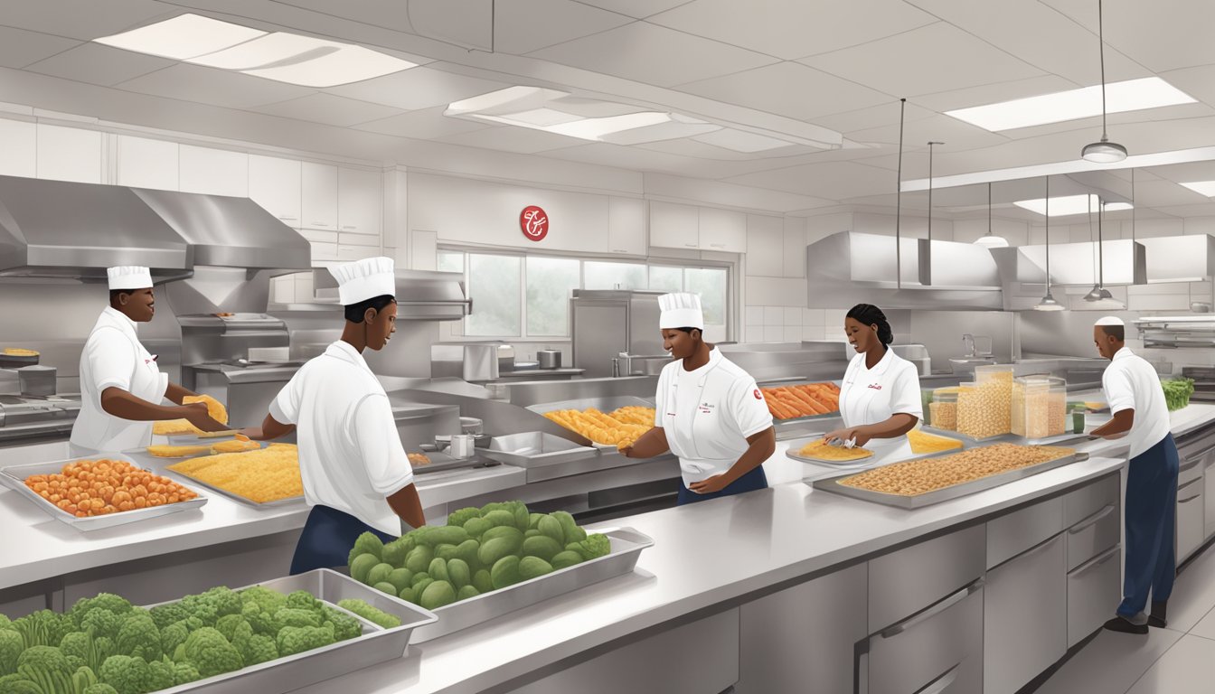 Chick-fil-A employees sourcing local ingredients and preparing breakfast in a clean, organized kitchen while engaging with the community