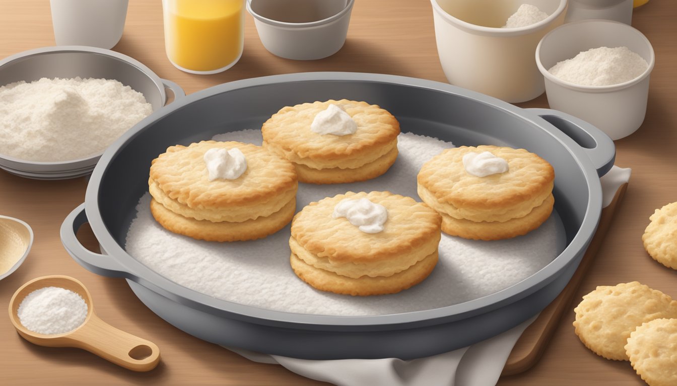 A kitchen counter with a tray of freshly baked fluffy Chick-fil-A biscuits, surrounded by a rolling pin, flour, and a mixing bowl