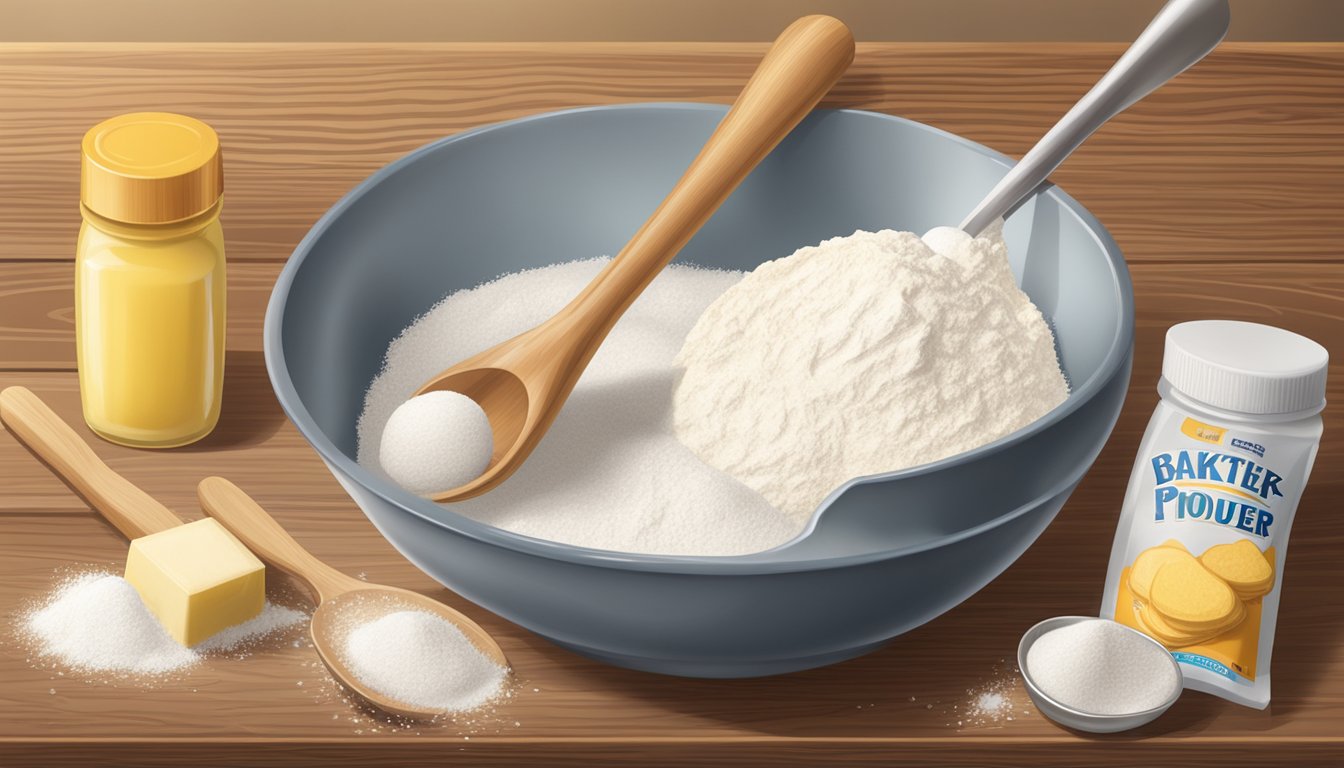 A bowl of flour, a carton of buttermilk, a stick of butter, and a spoonful of baking powder sit on a wooden kitchen counter