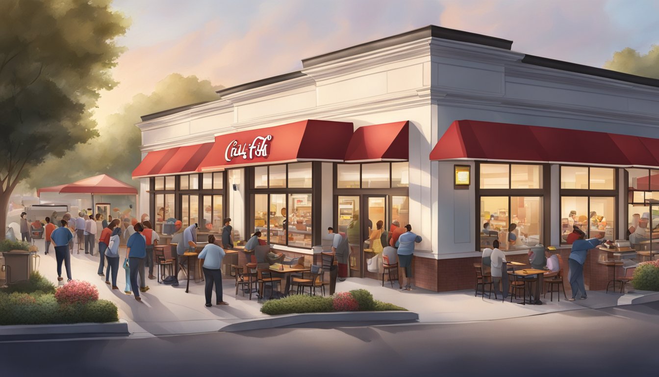 A busy Chick-fil-A restaurant at dawn, with employees setting up breakfast stations and customers starting to line up outside