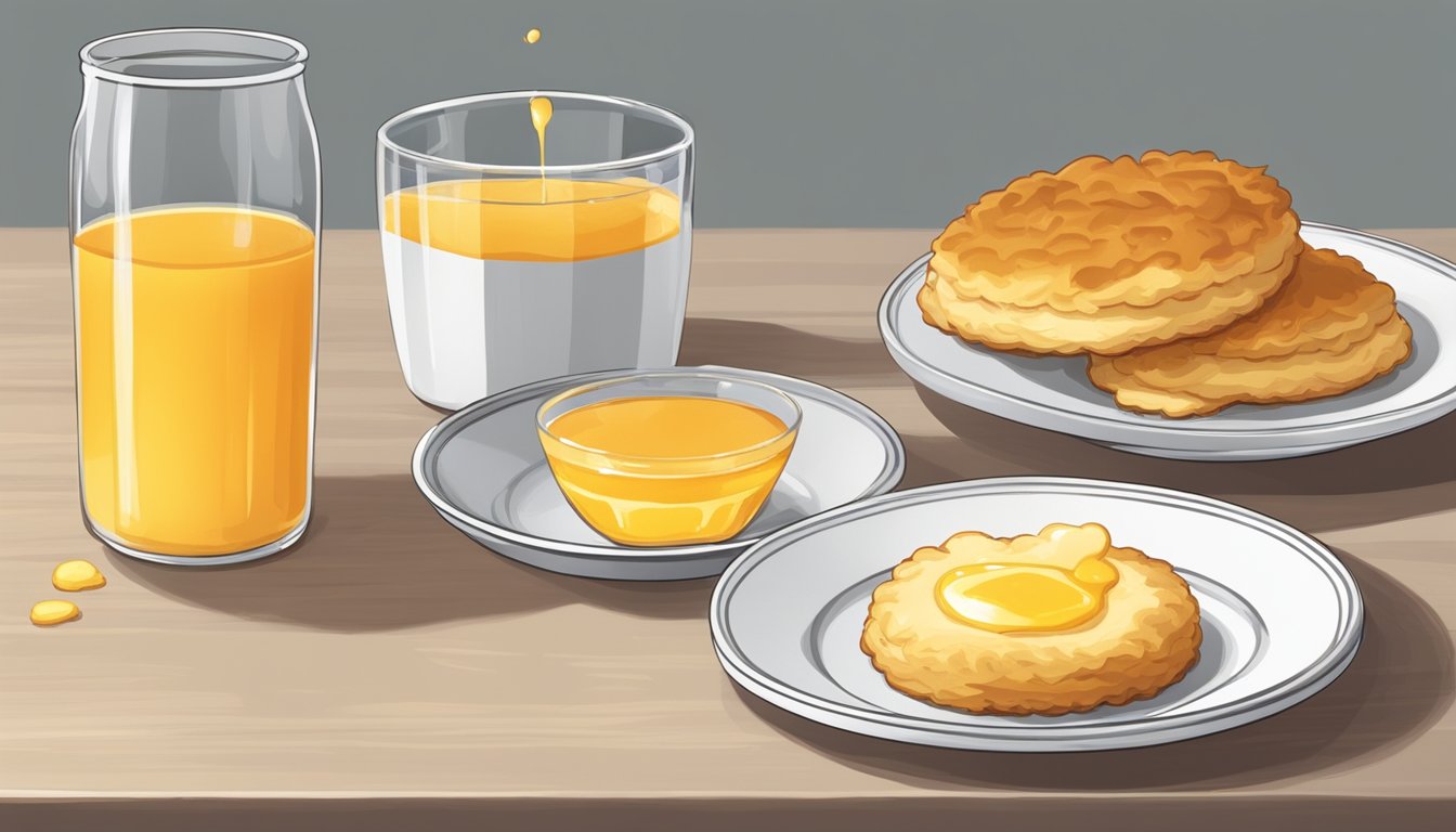 A golden-brown, fluffy biscuit sits on a plate next to a small dish of honey, with a pat of butter melting on top. A glass of orange juice completes the breakfast table setting