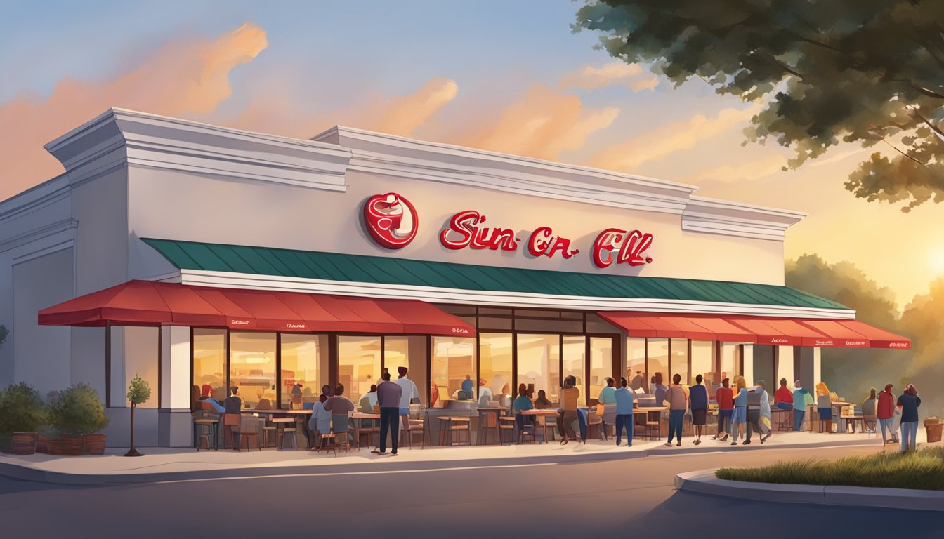 The sun rises over a Chick-fil-A restaurant, with a line of customers forming outside as the breakfast hours evolve from morning to midday