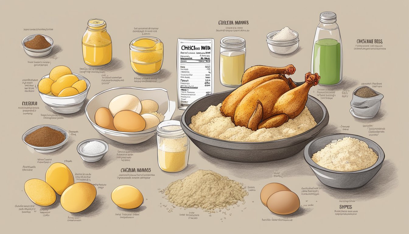 A table with a spread of ingredients: chicken, flour, eggs, and spices, surrounded by nutritional information labels and a sketch of Chick-n-Minis