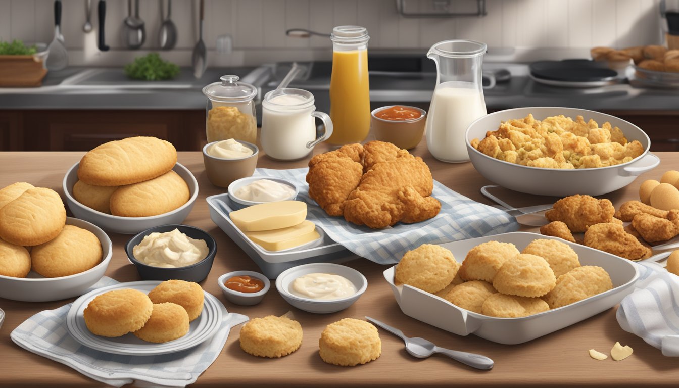 A kitchen counter with a spread of Chick-fil-A chicken dishes and fluffy biscuits, surrounded by ingredients and cooking utensils