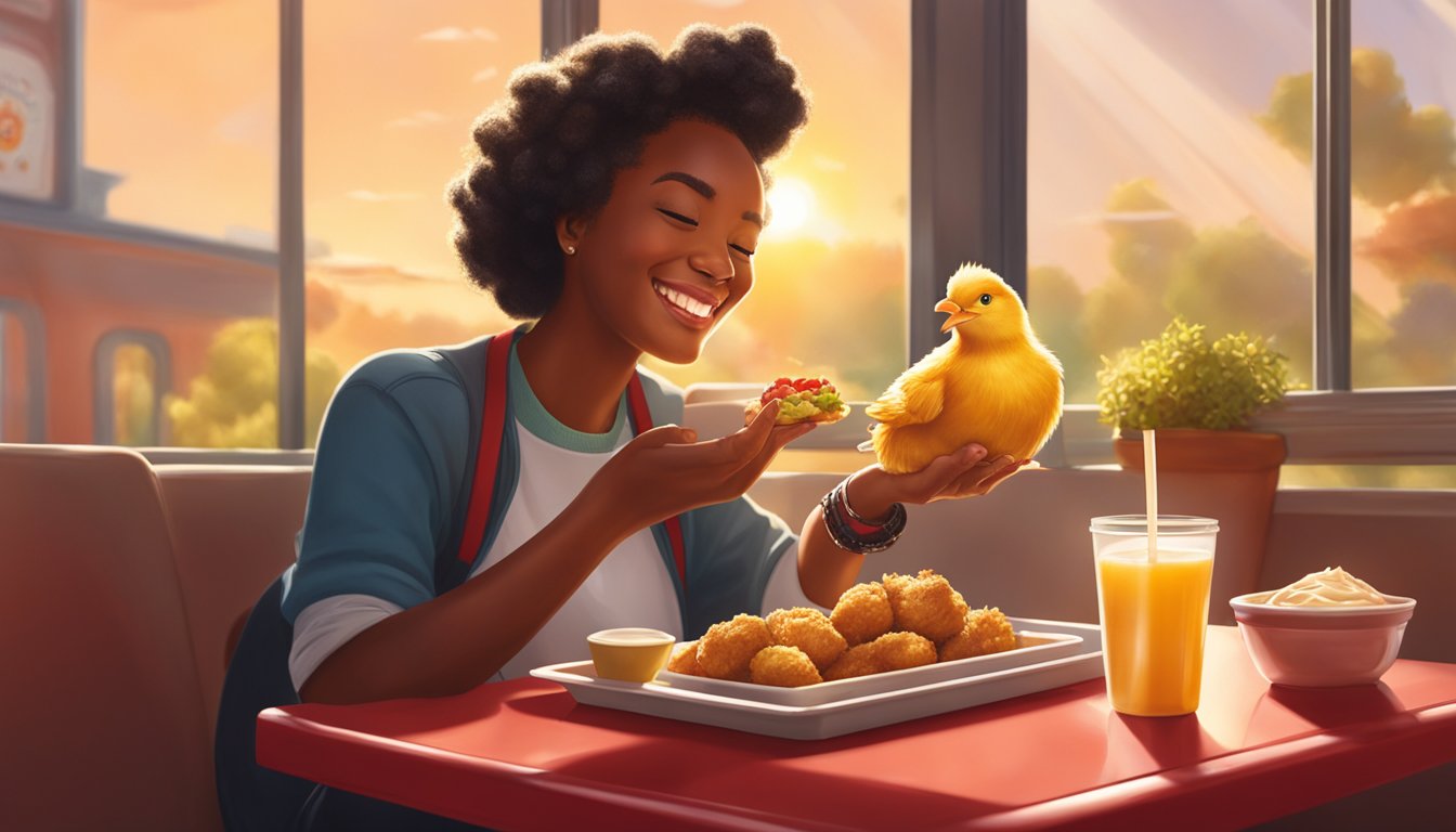 A cheerful customer enjoys a warm, golden Chick-n-Mini, served on a red tray with a side of dipping sauce, as sunlight streams through the window onto the table